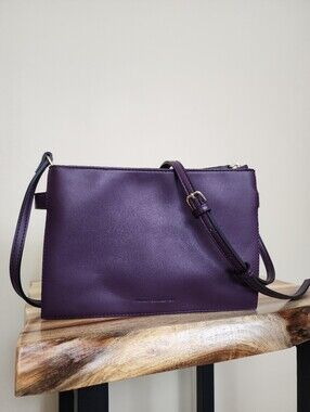 French Connection Purple Triple Zip Crossbody Bag Suede Studded Plum Handbag